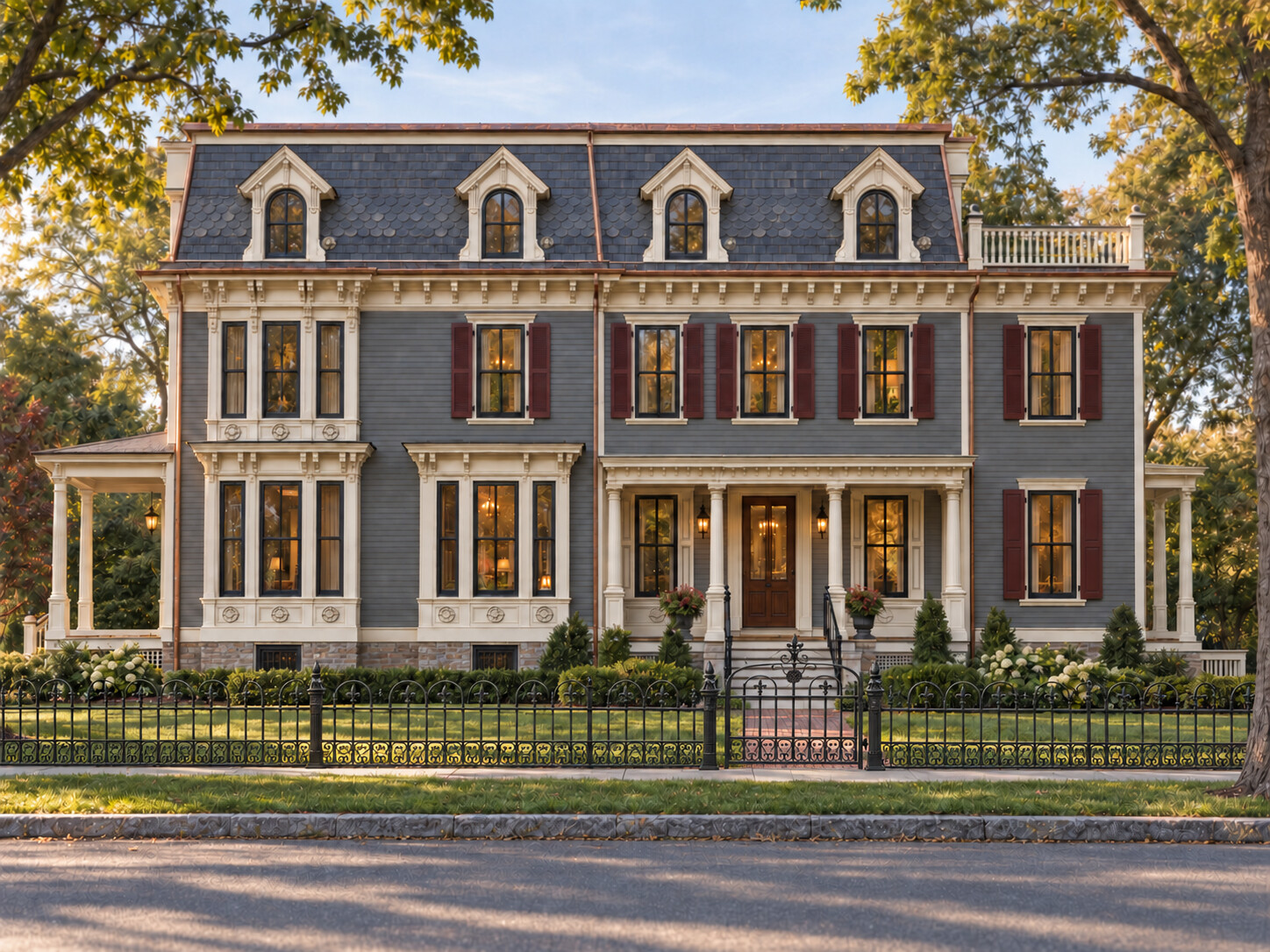 Rendered front elevation of the restored Chestnut House behind its iron fence